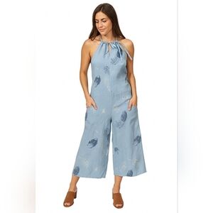Linen Jumpsuit Womens Wide Leg Made In Italy Blue Feathers Resort Cruise Sz S/M
